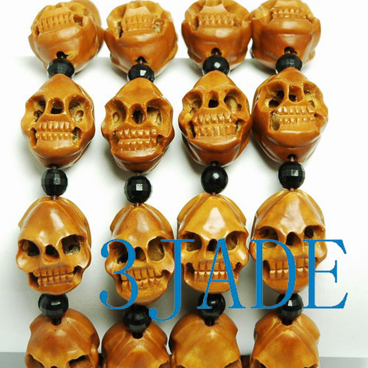 Detailed Carved Natural Olive Pit Skull Beads Bracelet - 3JADE